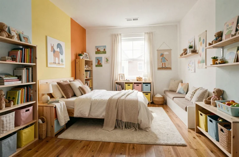 Chambre de garçon décorée avec créativité, mêlant mur peint, étagères originales, coin lecture et rangements colorés