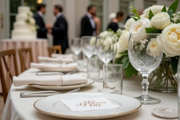Décoration de table raffinée lors d'un mariage médiatique avec cartons de place calligraphiés et pivoines blanches