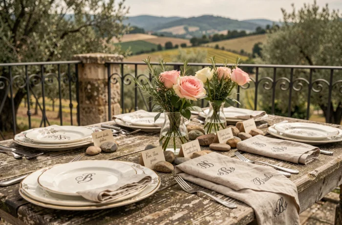 Décoration de table de mariage rustique en extérieur avec vaisselle vintage, roses et cartons de place manuscrits en Provence