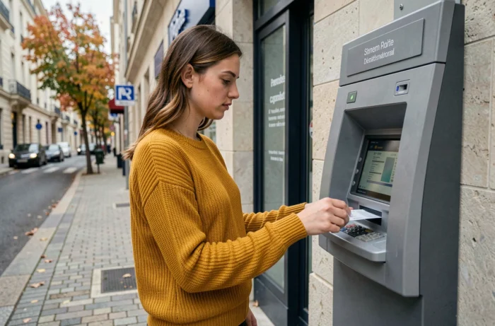 Jeune femme déposant un chèque Leclerc dans un distributeur bancaire en extérieur
