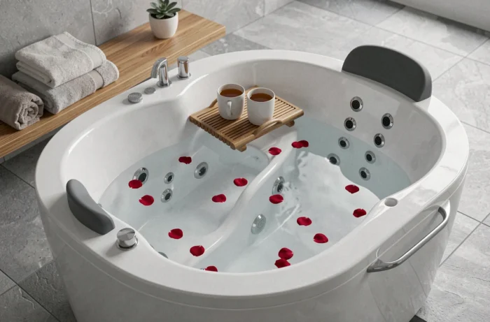 Gros plan d'une baignoire balnéo 2 places moderne avec jets chromés, plateaux en bambou et pétales de rose sur l'eau
