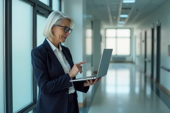 Responsable informatique AP-HP montrant une erreur d'authentification de messagerie sur un ordinateur portable dans un couloir d'hôpital