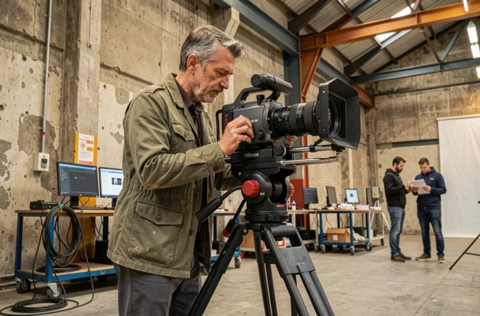 Directeur de la photographie réglant une caméra cinéma sur un tournage dans un entrepôt industriel en France