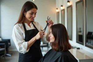 Coiffeuse professionnelle utilisant des ciseaux effileurs sur une cliente aux cheveux épais dans un salon moderne