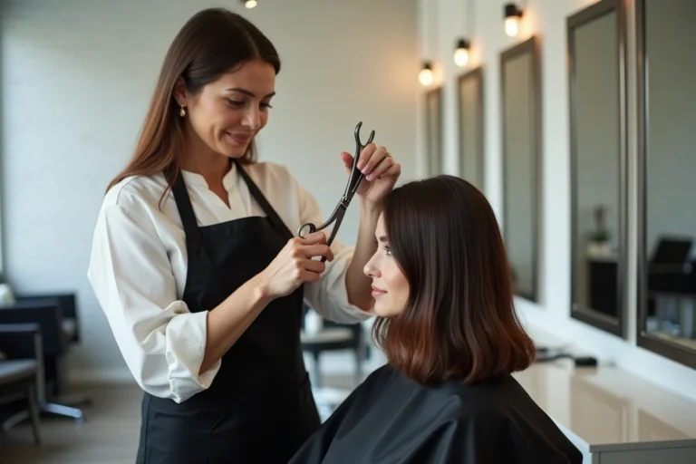 Coiffeuse professionnelle utilisant des ciseaux effileurs sur une cliente aux cheveux épais dans un salon moderne