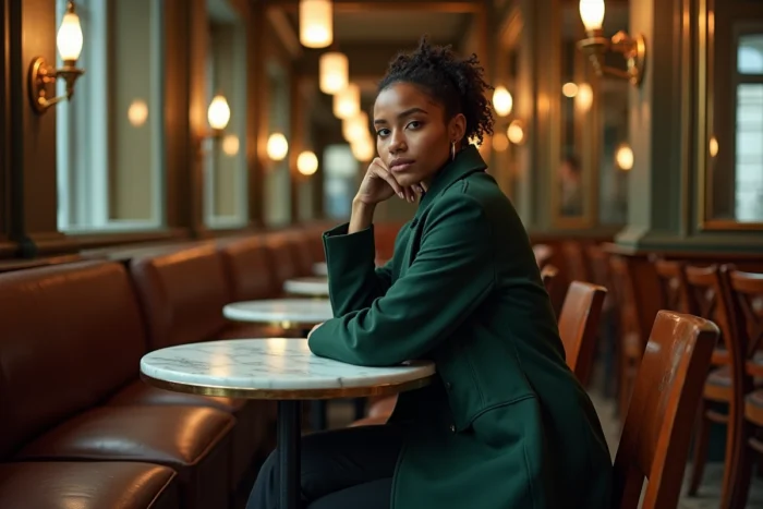 Femme élégante assise dans une brasserie parisienne traditionnelle, atmosphère chaleureuse et miroirs vintage