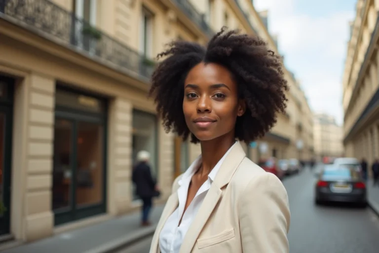 Femme parisienne d'origine africaine en blazer crème devant un immeuble haussmannien, portrait éditorial urbain