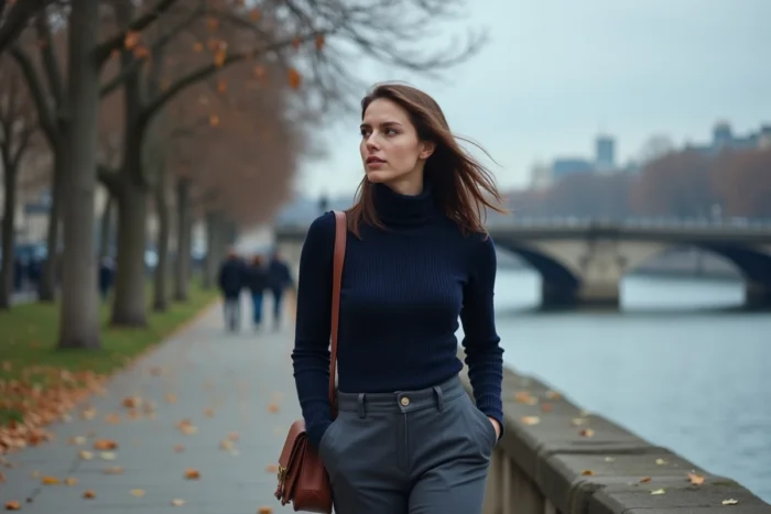 Femme marchant sur les quais de Seine en automne à Paris, ambiance mélancolique et atmosphère urbaine naturelle