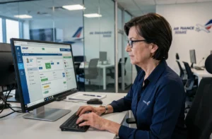 Employée Air France consultant le portail intranet Intralignes sur son poste de travail en open space