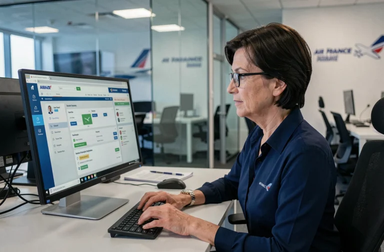 Employée Air France consultant le portail intranet Intralignes sur son poste de travail en open space