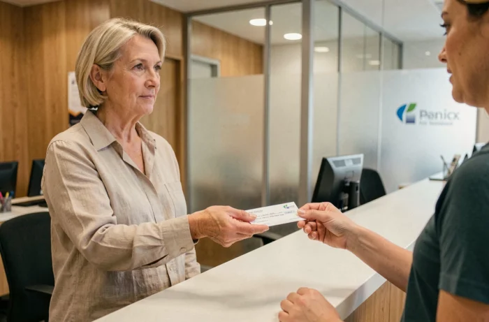Femme remettant un chèque Leclerc à un guichetier de banque pour encaissement