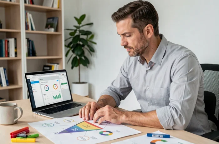 Un entrepreneur analysant une stratégie marketing sur son bureau avec un tableau de bord numérique et des graphiques de performance