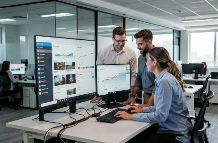 Équipe de professionnels analysant les tendances web et les actualités digitales sur un grand écran de bureau