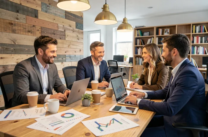 Une équipe marketing diversifiée collaborant autour d'une table avec des données analytiques et des rapports de croissance