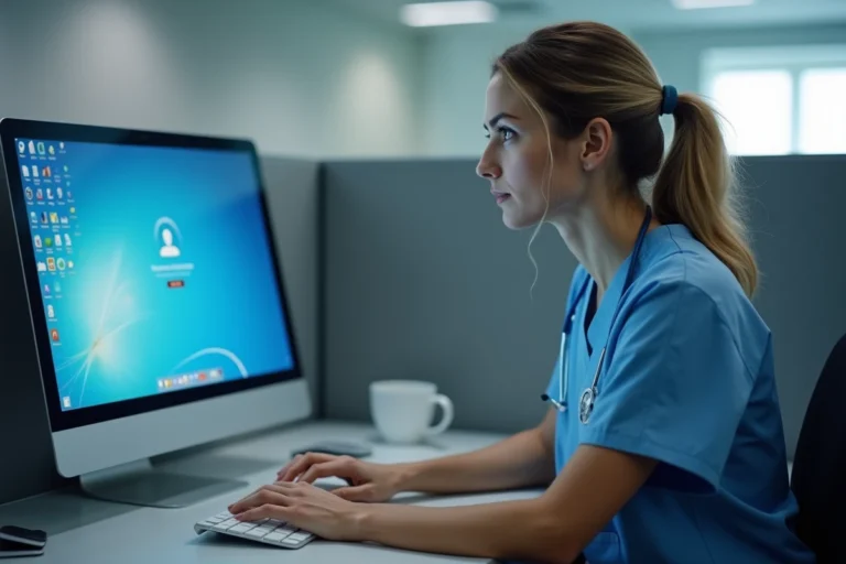 Professionnelle de santé AP-HP face à une erreur de connexion sur un ordinateur de bureau en milieu hospitalier