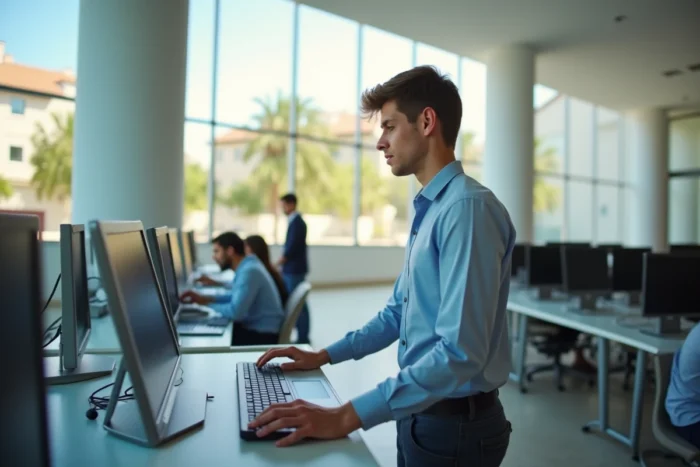 Étudiant masculin se connectant au portail Airbuzz AMU dans une salle informatique du campus d'Aix-Marseille