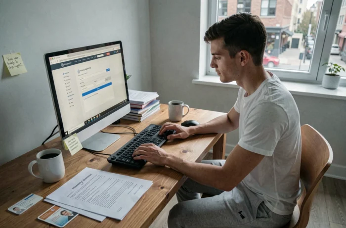 Jeune homme téléversant ses documents sur la plateforme eCandidat depuis son appartement étudiant