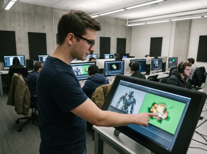 Étudiant dans un laboratoire universitaire d'infographie analysant les différences entre l'animation 3D et les effets visuels sur un grand écran tactile