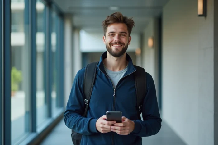 Étudiant consultant le portail LEO UGA sur smartphone dans un couloir moderne du campus de l'Université Grenoble Alpes