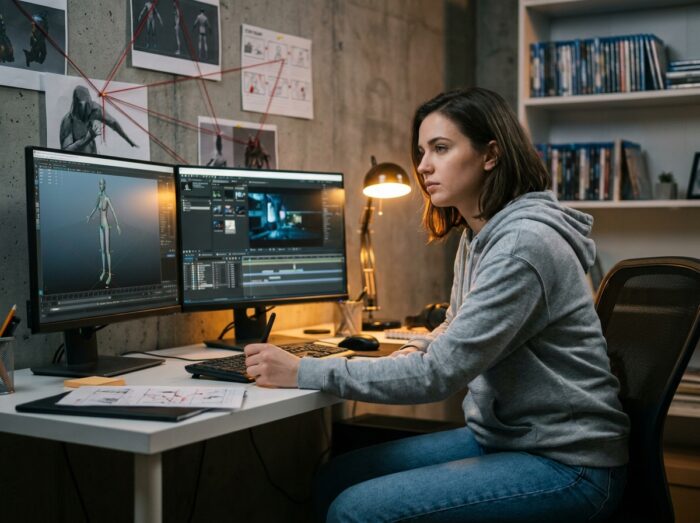 Étudiante en design numérique comparant un logiciel d'animation 3D et un logiciel d'effets spéciaux sur deux écrans dans un studio créatif moderne