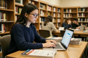 Étudiante remplissant un dossier de candidature en ligne sur eCandidat dans une bibliothèque universitaire