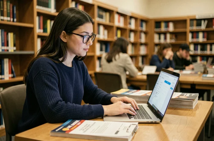 Étudiante remplissant un dossier de candidature en ligne sur eCandidat dans une bibliothèque universitaire