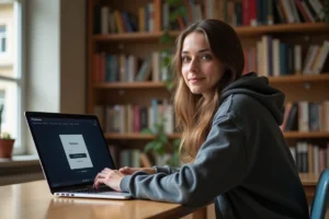 Étudiante de l'Université Grenoble Alpes se connectant au portail étudiant LEO UGA sur un ordinateur portable en bibliothèque universitaire
