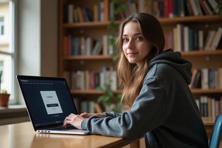 Étudiante de l'Université Grenoble Alpes se connectant au portail étudiant LEO UGA sur un ordinateur portable en bibliothèque universitaire