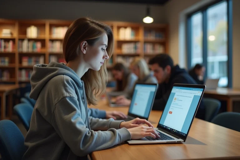 Étudiante accédant au webmail AMU sur son ordinateur portable dans une bibliothèque universitaire d'Aix-Marseille