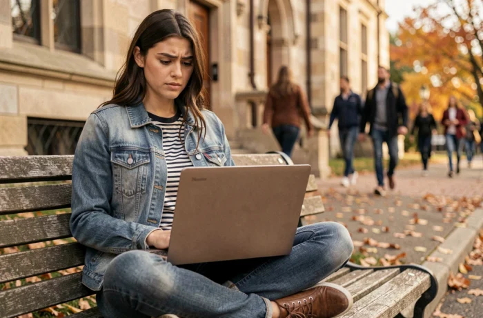 Étudiante vérifiant son webmail académique lent sur un campus universitaire en plein air
