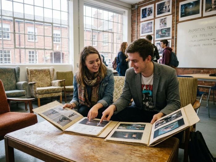 Deux étudiants en école d'art numérique comparant leurs portfolios d'animation 3D et d'effets spéciaux dans une salle commune créative