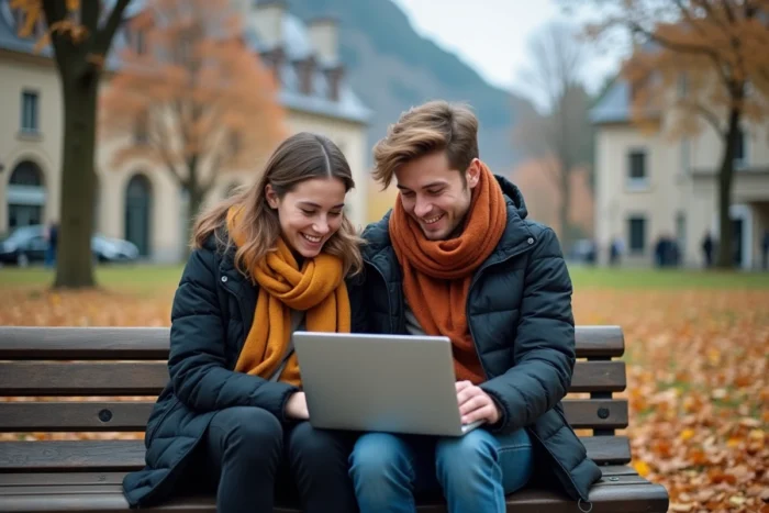 Deux étudiants utilisant ensemble le portail LEO UGA sur un ordinateur portable en extérieur sur le campus de Grenoble entouré de végétation automnale