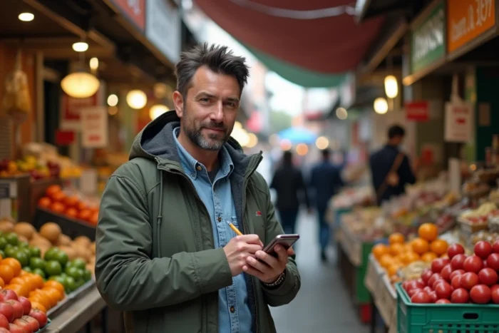 Homme évaluant le coût de la vie dans un marché local à l'étranger avant de négocier son salaire