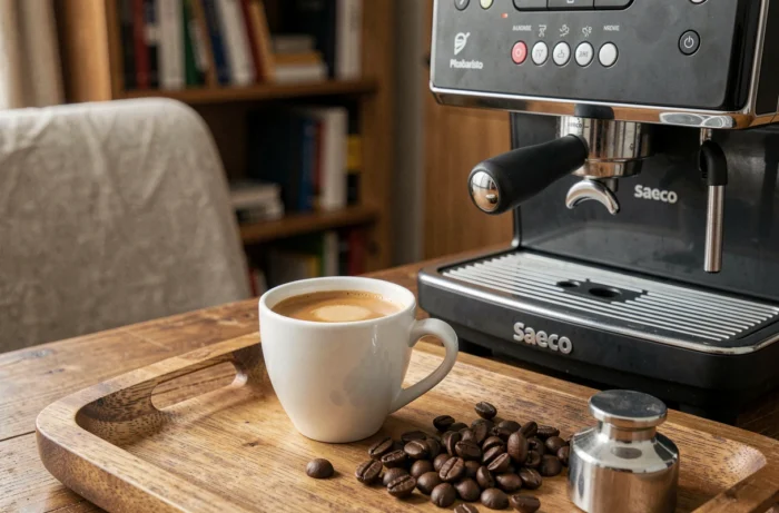 Tasse d'expresso avec crema dorée posée sur un plateau en bois à côté de la machine Saeco Picobaristo Deluxe et de grains de café