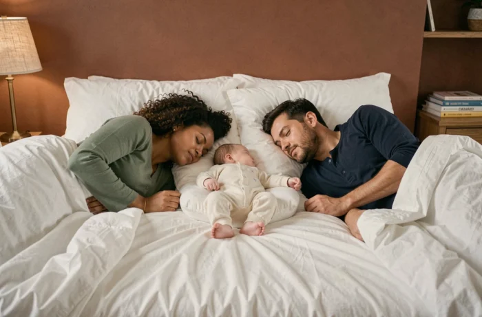 Parents et bébé de six mois pratiquant le cosleeping en toute sécurité dans un grand lit familial