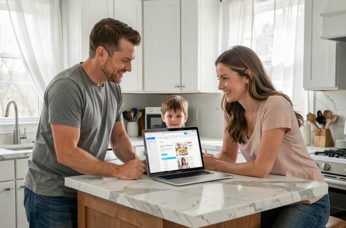 Famille réunie dans la cuisine autour d'un ordinateur portable pour organiser leur quotidien via un espace famille numérique