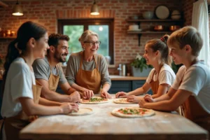 Famille multigénérationnelle préparant une pizza ensemble autour d'une table en bois dans une cuisine rustique