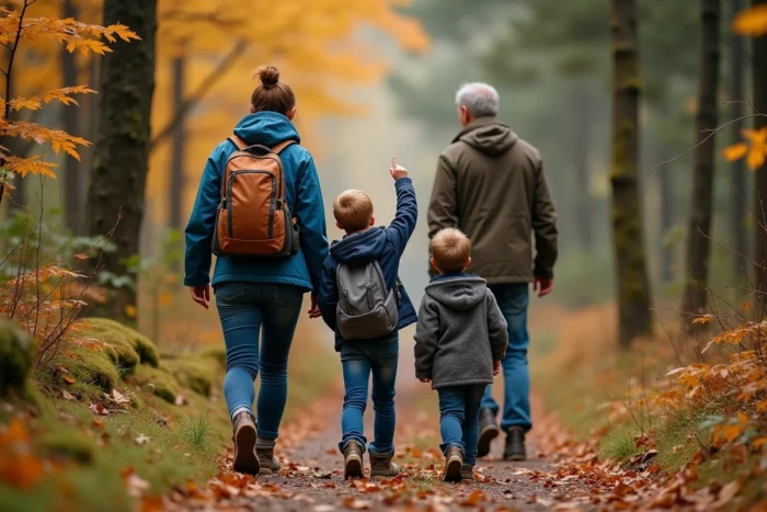 Famille en randonnée sur un sentier forestier en automne, parents et enfants explorant la nature ensemble