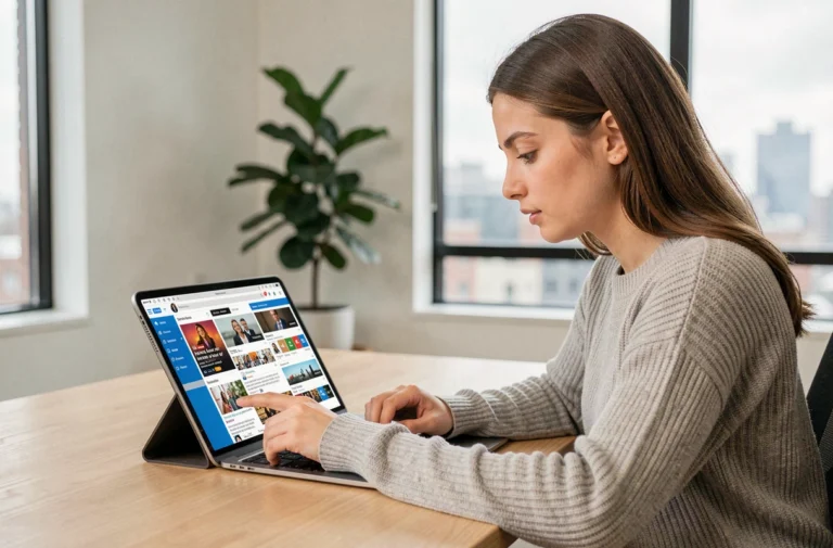 Jeune femme consultant les tendances digitales et actualités web sur une tablette dans un bureau moderne