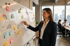 Une femme d'affaires présentant des stratégies marketing sur un tableau blanc dans un bureau moderne