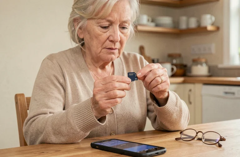 Une femme âgée tenant une carte microSD entre ses doigts avant de l'insérer dans un téléphone Doro posé sur une table en bois