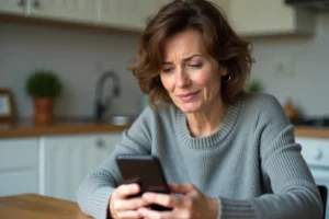 Femme regardant avec perplexité un appel entrant d'un numéro inconnu sur son smartphone dans une cuisine
