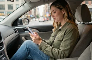 Femme utilisant une application de covoiturage sur smartphone dans une voiture en mouvement