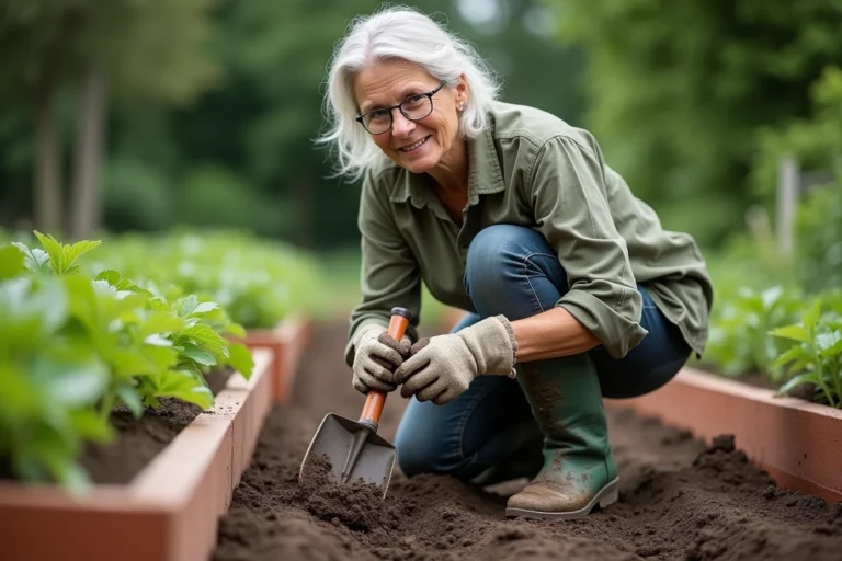 Femme utilisant une binette pour désherber et ameublir la terre dans un potager avec des rangées de jeunes semis
