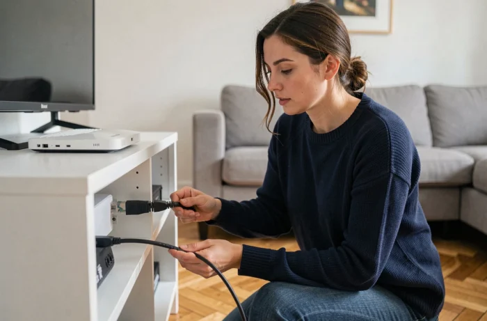 Femme branchant un câble Ethernet sur une Bbox dans un salon parisien