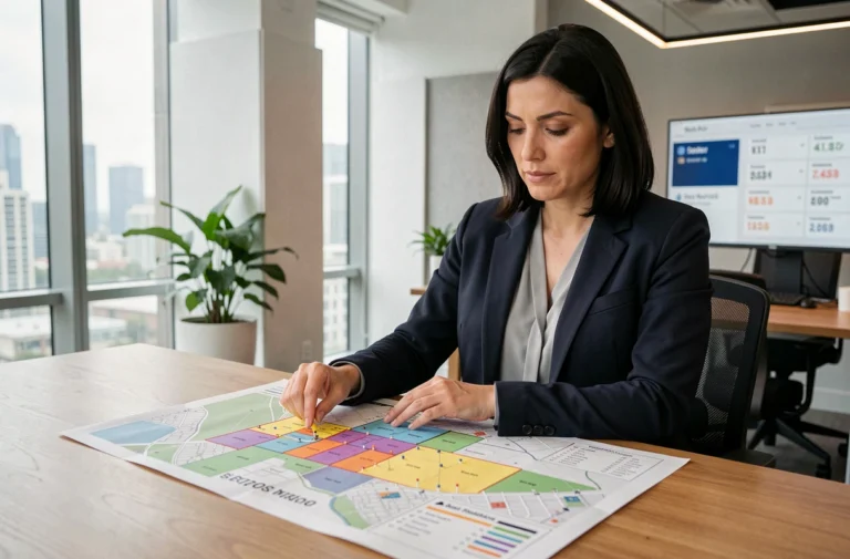 Femme consultant une carte immobilière annotée avec des scores BIMVUP dans une agence moderne