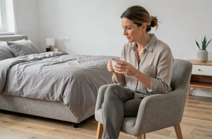 Femme assise sur une chaise près de son lit dans une chambre de style scandinave, tenant une tasse de café