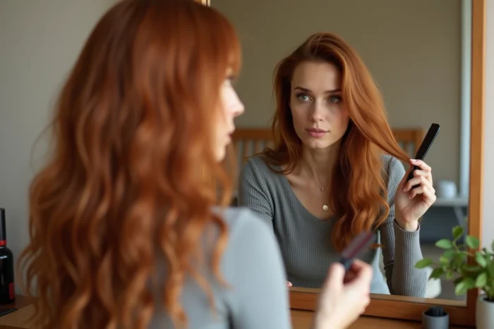 Femme examinant ses cheveux effilés et désépaissie devant un miroir à la maison