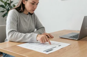 Femme consultant un plan de site imprimé sur un bureau en bois dans un bureau à domicile minimaliste
