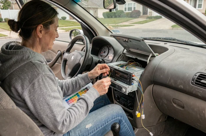 Femme débranchant l'autoradio d'une Peugeot 206 avec un guide de couleurs de fils à la main